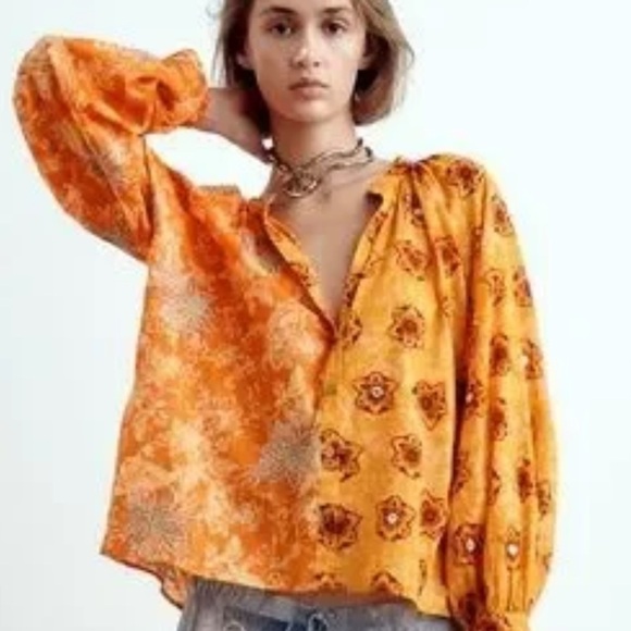 Zara Tops - Zara Mixed Print Orange Embroidered Puff Sleeve Boho Button Front Blouse Small